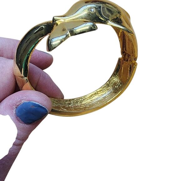 Gold Dolphin Hinged Bangle Bracelet - Picture 2 of 5